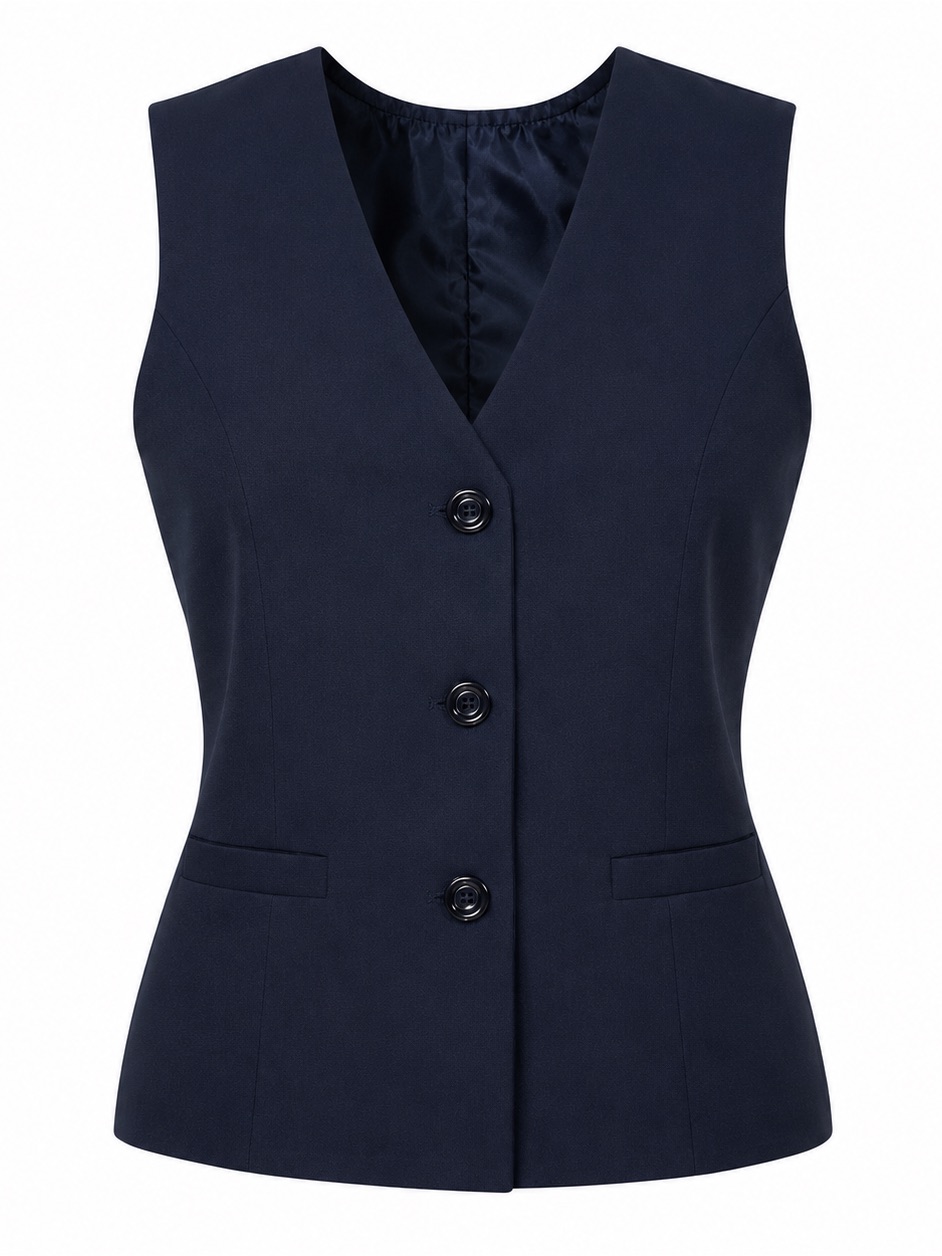Tailored Dark Navy V-Neck Three-Button Women's Vest (Almost Black)